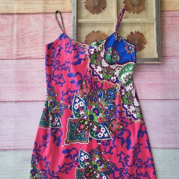 Natori Pink/Blue Multicolored Paisley Satin Midi Shift Slip Dress M/L - Picture 4 of 6